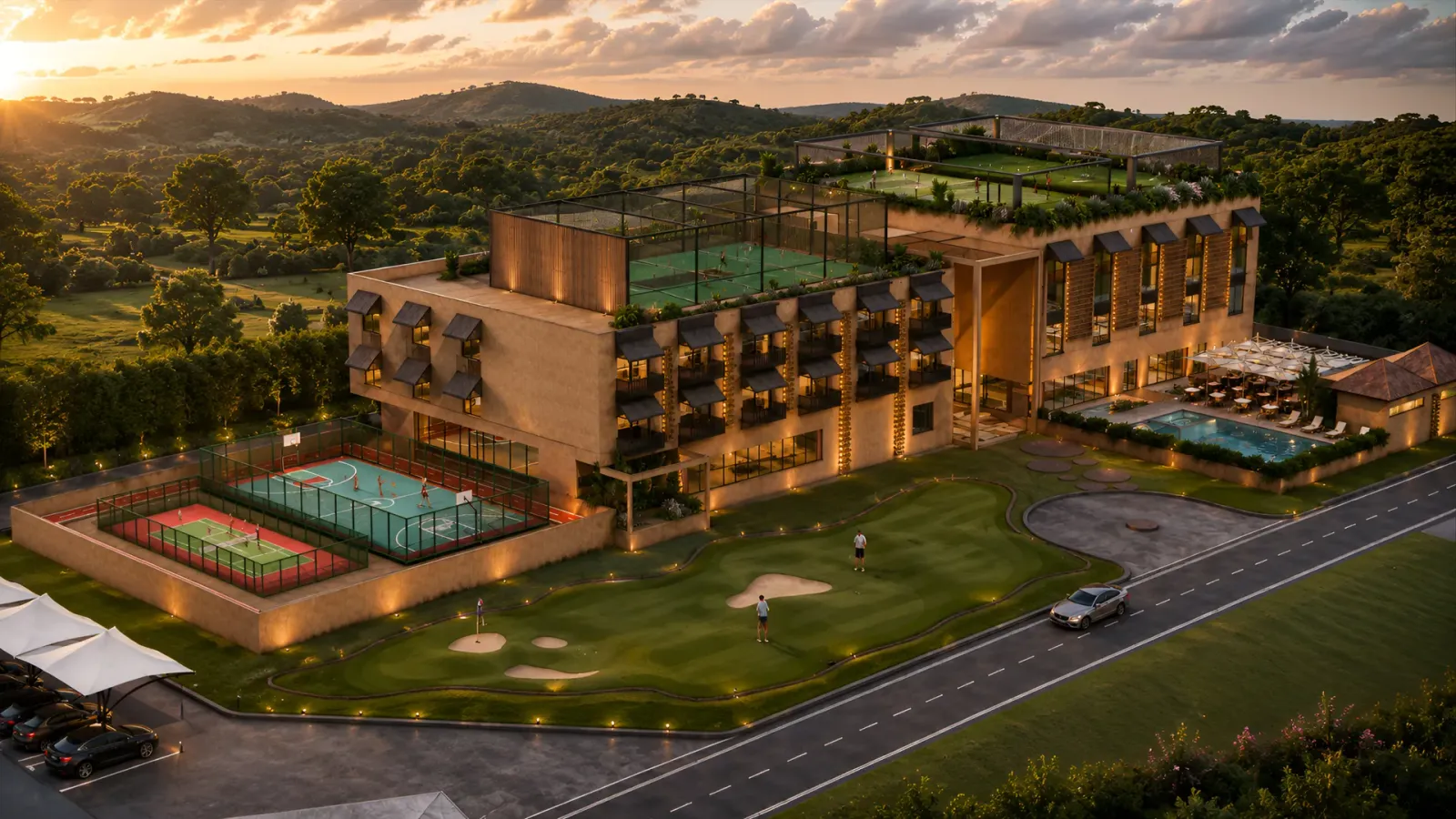 Sunset aerial view of the Saanidhya Greens clubhouse, sports courts and surrounding landscape.